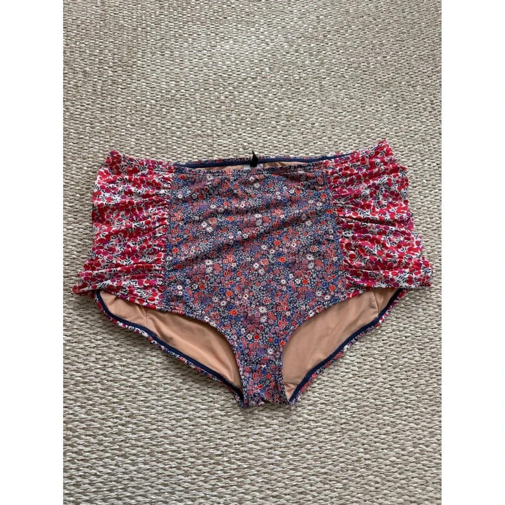 J.Crew Mixed Floral Ruched High Waisted Bikini Bottom XL Red Blue Swimwear boho‎